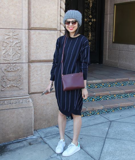 Celine Trio Bag, Fashion Scrapbook, Celine Trio, Bag Styling, Perfect Sneakers, Bag Outfit, Striped Sweater Dress, Style Muse, Winter Chic