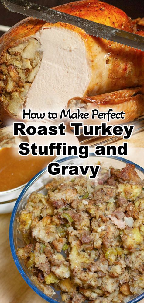 How to make perfect roast turkey, stuffing and gravy just like Grandma with these easy to follow instructions. Turkey With Stuffing, Best Roasted Turkey, Turkey Gravy From Drippings, Perfect Roast Turkey, Turkey Stuffing Recipes, Turkey And Stuffing, Dressing Recipes Thanksgiving, Classic Roast, Roast Turkey Recipes