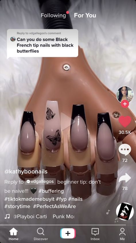 French Tips With Butterflies, French Tips With Black, Black Butterfly Nails, Red French Tips, Black Butterflies, Fake Nails Long, Black French Tips, Butterfly Nails, Short Fake Nails