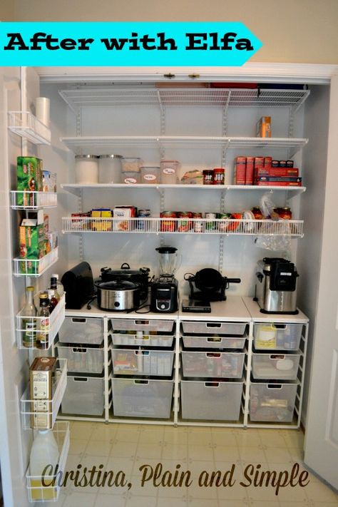 My New Elfa Pantry - Christina, Plain and Simple Elfa Pantry, Pantry Redo, No Pantry Solutions, Room Pantry, Diy Pantry Organization, Pantry Decor, Organized Pantry, Pantry Organisation, Pantry Shelving