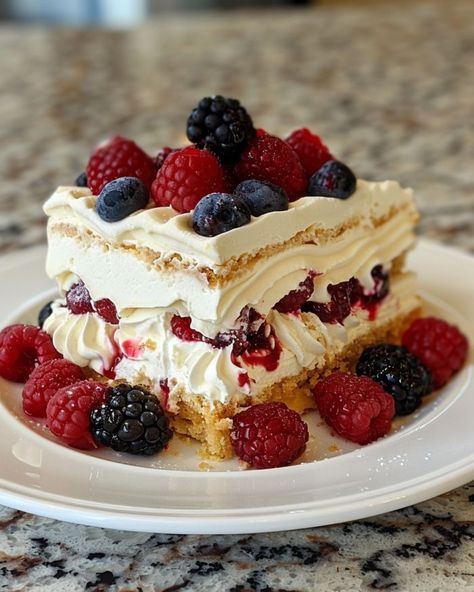 Adapted my nana's version! Still divine! Even though she's not here, she's still here in spirit! Ritz Icebox Cake, Mixed Berry Tiramisu, Lemon Berry Ritz Icebox Cake, Best Fruit Desserts, Brunch Birthday Cake, Lemon Berry Icebox Cake, Desserts With Raspberries, Summer Deserts Ideas, Lemon Berry Cake