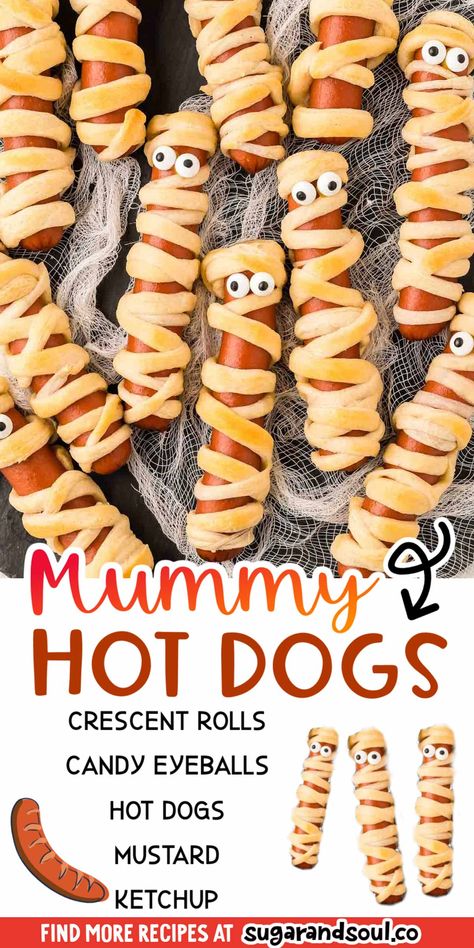 Mummy Lil Smokies, Mummy Hot Dogs Crescent Rolls, Halloween Hot Dogs, Monster Party Food, Halloween Meals, Hot Dog Crescent Rolls, Halloween Hotdogs, Baked Hot Dogs, Halloween Sandwiches