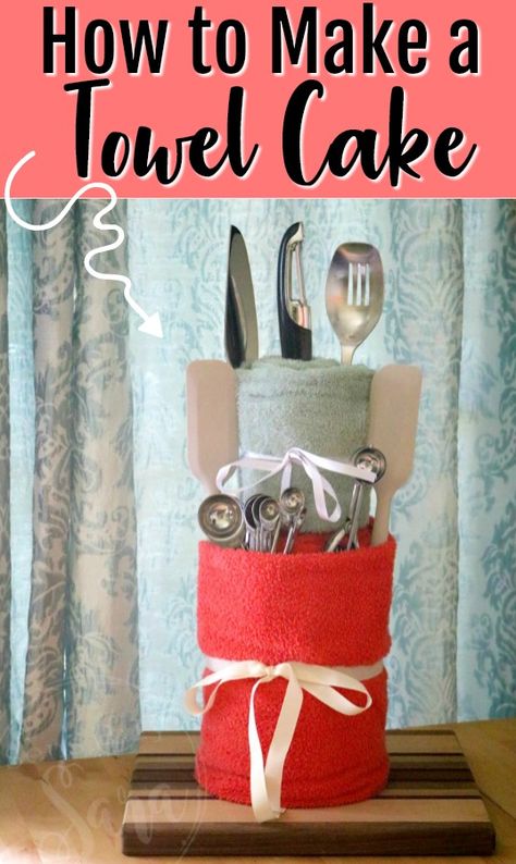 How to Make a Towel Cake Bridal Shower Cake | SensiblySara.com Towel Cake Bridal Shower Diy, Bridal Shower Diy Gifts, Diy Gifts For Bride, Bride Towel, Cake For Wedding, Cheap Bridal Shower Ideas, Teen Gift Baskets, Creative Bridal Shower Gifts, Diy Bridal Shower Gifts