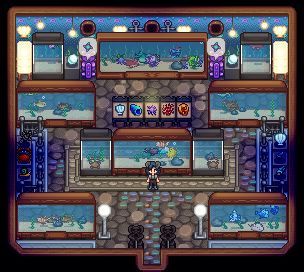 Aquarium Stardew Valley, Stardew Valley Ocean Farm Layout, Stardew Aquarium, Stardew Aquarium Room, Stardew Valley Farmhouse Design, Stardew Valley Aquarium Room, Stardew Valley Aquarium, Shed Design Stardew Valley, Stardew Valley Shed Design