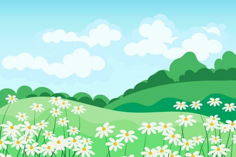 Spring-summer landscape, chamomile meadows and trees against the sky with clouds. Illustration, background, vector Sustainable Infographic, Sustainability Infographic, Clouds Illustration, Sky With Clouds, Cloud Illustration, Animation Ideas, Summer Illustration, Baby Drawing, Nature Background