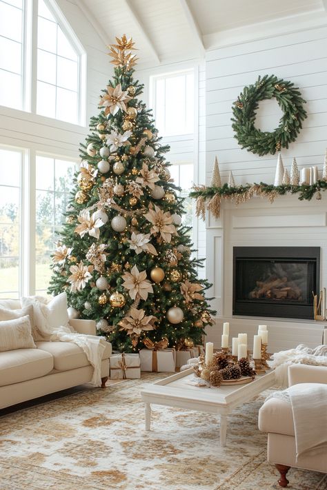 Transform your living space with this stunning Christmas home decor. Featuring a beautifully decorated tree and cozy accents, it brings holiday cheer to any room. Create a warm and festive atmosphere! #ChristmasHomeDecor #HolidayVibes #FestiveDesign Christmas Tree Decor Neutral, Simple Traditional Christmas Tree, Kardashian Christmas Tree, Beige Christmas Decor, Cream Christmas Tree, Natural Christmas Tree, Natural Christmas Decor, Pencil Christmas Tree, Traditional Christmas Tree