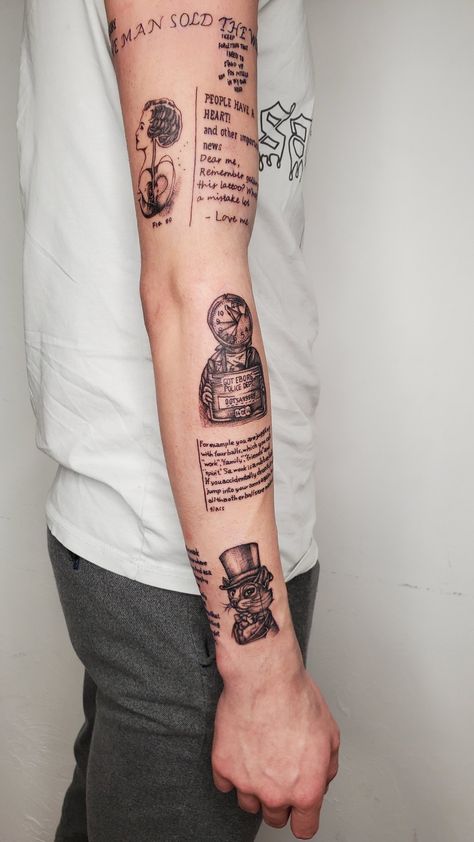 Text Sleeve Tattoo, Poetry Tattoo Men, News Paper Tattoo Design, Quote Tattoo Sleeve, Text Tattoo Placement, Newspaper Tattoo, Diary Tattoo, Typographic Tattoo, Dark Mark Tattoos