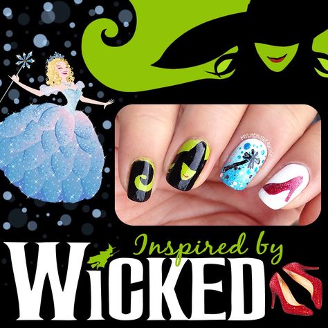 Wicked Nails Musical, Book Inspired Nails, Wicked Nails, Elphaba Wicked, Broadway Nails, Wicked The Musical, Pedi Ideas, Wicked Musical, French Tip Acrylic Nails