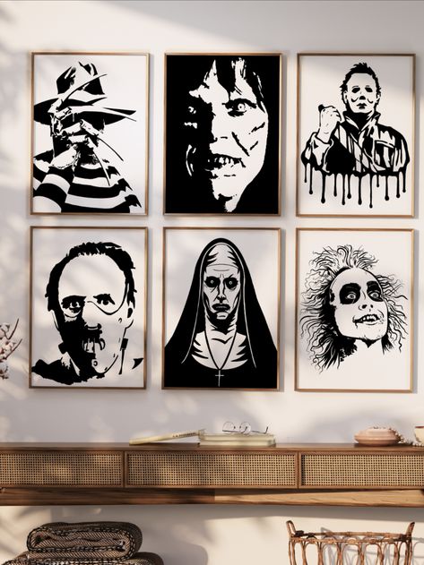 Slasher Horror Movie Art Horror Movie Inspired Room, Horror Movies Decor, Horror Themed Room, Horror Bedroom Art, Horror Movie Themed Bathroom, Horror Movie Home Decor, Horror Movie Room, Horror Movie Wall Decor, Horror Movie Decor