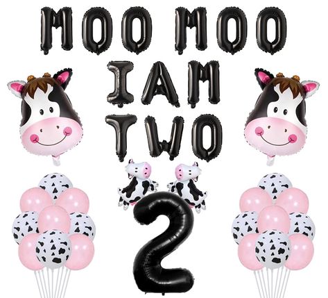 Cow 2nd Birthday Party, Moo Moo Im Two Birthday, Moo Moo Im Two, Cow 2nd Birthday, Moo Moo I'm Two Birthday, 2nd Birthday Balloons, Birthday Decorations Balloons, 2nd Birthday Decorations, Black And White Balloons