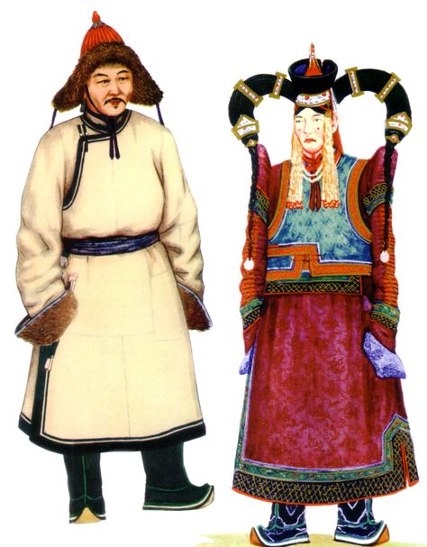 The traditional dress is closely connected with the Mongolian way of life and the country. The costumes are used in different situations; to rides on horseback over the steppe, to dances at a national festival. In summer the Mongols wear a light coat or frock, the "Terleg" (deel - summer coat), in spring, autumn and winter a wadded coat (row cotton), or a lambskin coat, in winter they wear a sheepskin dress reminding of a fur coat. Mongolian Traditional Clothing, Mongolian History, Mongolian Clothing, Lambskin Coat, National Festival, Summer Coat, Married Women, Genghis Khan, National Clothes