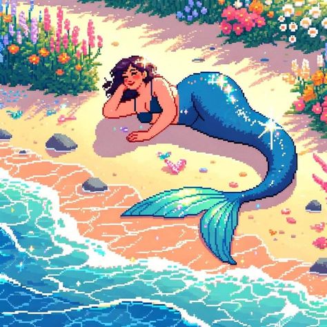 Beach Pixel Art, Out Of Context, Mermaids And Mermen, Mermaid Beach, Random Pictures, Mermaid Art, Sketchbook Art Inspiration, Creature Art, Little Mermaid