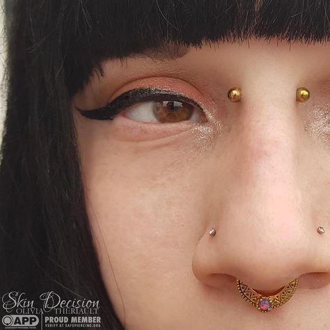 Gold Bridge Piercing, Bridge Piercing Jewelry, Apocalyptic Jewelry, Nose Bridge Piercing, Piercing Inspiration, Bridge Piercing, Piercing Inspo, 34th Birthday, Face Piercings