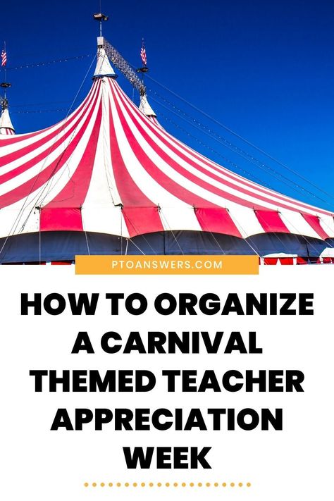 Teachers and school staff will love to be celebrated with fun carnival themed events. These ideas make the teacher appreciation week planning process so much easier and the ideas are perfect for getting the creative juices flowing for PTA and PTO appreciation chairs, room parents! Use the decorations for events and gift ideas for end of year presents for teachers and staff. Employee Appreciation Theme Ideas, Circus Teacher Appreciation Week, Decorations For Events, Pta Volunteer, Teacher Appreciation Week Themes, School Volunteer, School Pto, Pta School, Parent Volunteers