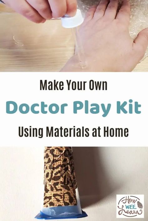 Make your own pretend doctor play kit from materials found at home. Pretend doctor play is so important and fun for kids! Toddler Doctor Kit, Kids Playing Doctor, Doctor Role Play, Doctor Play, Play Doctor, Diy Doctor, Doctor Help, Playing Doctor, Pet Vet