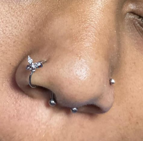 Stud And Hoop Nose Piercing, Nose Piercing Stud Aesthetic, Pretty Nose Piercings, Nose Percinings Aesthetic, Nostril Piercing Aesthetic, Two Nose Piercings, Stud Aesthetic, Pretty Piercings, Double Nose Piercing