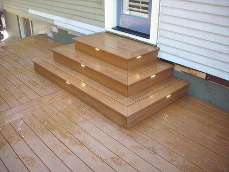 Platform Steps Deck Stairs, Back Door Steps To Yard, Box Steps For Deck, Deck With Lights, Backdoor Steps To Patio, Deck Steps Ideas, Deck With Railing, Backyard Paving, Wood Deck Steps