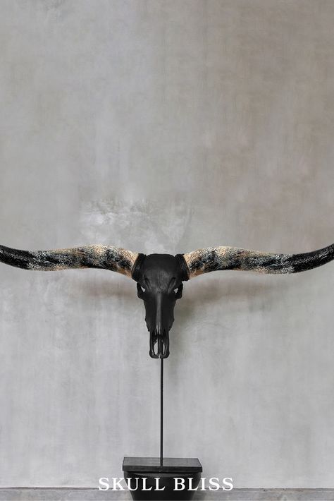 This deep, dark finish consumes light, giving your living room, office or dining room a striking yet modern twist. Choose to go premium with our just-launched matte black finish. Longhorn Skull Decor, Longhorn Skull Art, Horns Decor, Skull Accessories, Longhorn Skull, Buffalo Skull, Ram Skull, Skull Decor, Skull Carving