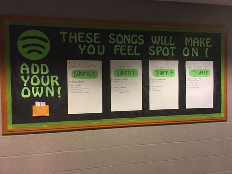 Music School Bulletin Boards, Fun Staff Bulletin Boards, Resident Hall Bulletin Boards, Ra Community Bulletin Board, Residence Assistant Ideas, Back To School Music Bulletin Boards, Spotify Bulletin Board, Paper Door Decorations, Dorm Themes Resident Assistant