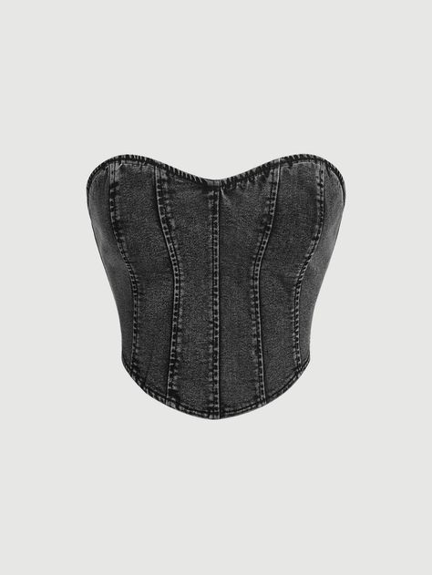 SHEIN MOD Solid Denim Tube Top Jeans Tube Top, Tube Tops Y2k, Baddie Clothing, Trendy Black Denim Top, Black Denim Corset, Black Fitted Y2k Tube Top, Black Denim Corset Top, Wide Leg Jeans Plus Size, Outfits With Denim Skirt