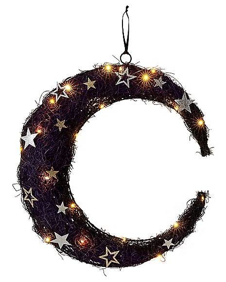 Light-Up Crescent Moon Wreath - Spirithalloween.com Steampunk Womens Costume, Disney Baby Costumes, Crescent Moon Wreath, Moon Wreath, Light Up Costumes, Spider Web Decoration, Movie Decor, Spencers Gifts, Ghost Decoration