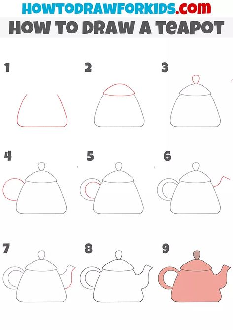 How To Draw A Tea Pot, How To Draw A Teapot, Teapot Drawing, Cardboard Food, How To Draw Steps, Easy Drawing Tutorial, Drawing Tutorials For Kids, Baby Learning Activities, Easy Drawings For Kids