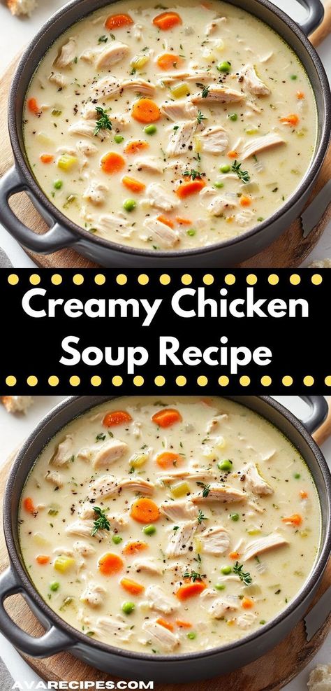 Craving a comforting bowl of soup? This creamy chicken soup recipe is packed with flavor and made in just 30 minutes. It's the perfect family dinner solution for busy weeknights. Chicken Vegetable Soup Crockpot, Chicken Soup Recipes Crockpot, Chicken Soup Crockpot, Chicken Veggie Soup, Chicken Vegetable Soup Recipes, Vegetable Soup With Chicken, Chicken Soup Recipe, Creamy Chicken Soup, Chicken Veggies