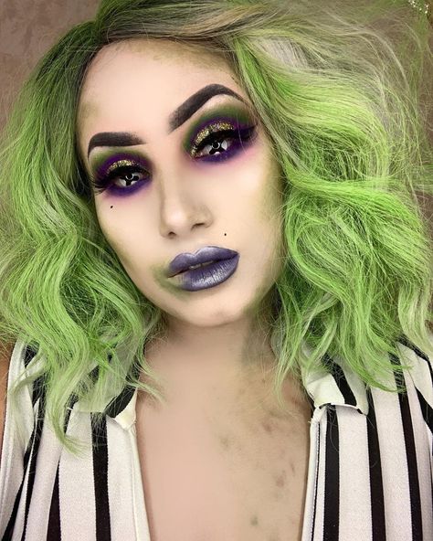 Sexy Beetlejuice 💚💜 @candylover89 ・・・ BettleJUICY 💀😍💚💚💜💜 Products used:  @benefitcosmetics precisely my brow pencil @tartecosmetics shape tape concealer @glamlite paint palette code CANDYLOVER89 @tatcha dewy cream & silk canvas  @shopwearbeauty glitter @colourpopcosmetics foundation code CANDYLOVER89 @jeffreestarcosmetics setting powder @lurellacosmetics ice highlighter code CANDYLOVER89 @nyxcosmetics matte liquid liner  @hankandhenrybeauty liquid lipstick code CANDYLOVER89 #beetlejuice Eyeshadow Palette Looks, Fantasy Festival, Precisely My Brow Pencil, Cute Eyeshadow Looks, Shape Tape Concealer, Halloween Makeup Inspiration, Halloween Style, Shape Tape, Liquid Liner