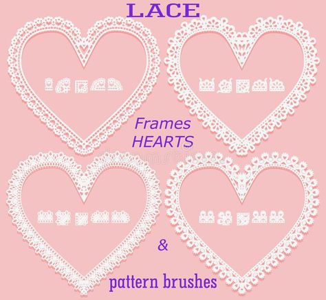 Set of lace frames in the form of a heart and corresponding pattern brushes on a pink background. Element for the design of weddin stock illustration Lace Heart Drawing, Heart Frame Tattoo, Lace Drawing, Framed Tattoo, Lace Tattoo, Heart Drawing, Body Modification, Lace Heart, Heart Frame