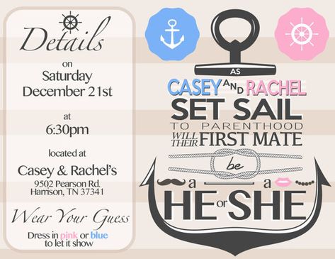 Nautical Theme Gender Reveal Invitation by CloverAndCrown on Etsy, $15.00 Nautical Gender Reveal Ideas, Nautical Gender Reveal, Hey Joe, Gender Reveal Ideas, Gender Party, Shower Stuff, Gender Reveals, Baby Planning, Nautical Baby Shower