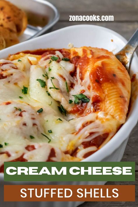 These Cream Cheese Stuffed Shells have jumbo pasta shells filled with a creamy, cheesy mixture of chives or green onions, topped with spaghetti sauce and gooey cheese, and garnished with fresh parsley or fresh basil. This easy recipe uses just 6 ingredients and makes a great side dish or meatless main dish for lunch or dinner for two. This comfort food is great served with a side of garlic bread. Stuffed Shells With Cream Cheese Recipe, Stuffed Jumbo Pasta Shells Cream Cheese, Meatless Stuffed Shells, Stuffed Shells Cream Cheese, Chive And Onion Cream Cheese Recipes, Stuffed Shells With Cream Cheese, Cream Cheese Stuffed Shells, Stuffed Shells Vegetarian, Pasta Side Dishes Easy