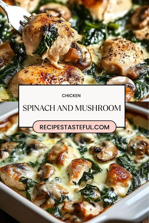 A healthy, low-carb baked dish with tender chicken, sautéed spinach, and earthy mushrooms. Perfectly seasoned and baked to perfection—this one-pan meal is a delicious, nutritious option for busy weeknights! Chicken Spinach Mushroom Low Carb Dish, Chicken Spinach Mushroom Low Carb Oven Dish, Chicken Spinach And Mushroom Low Carb Oven Dish, Spinach Mushroom Recipes, Chicken Mushroom Spinach, Chicken Spinach Mushroom, Baked Dish, Spinach And Mushrooms, Spinach And Mushroom