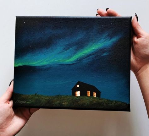 Beginners Canvas Painting, Northern Lights Art, Painting On Canvas For Beginners, Canvas Painting For Beginners, Northern Lights Painting, Canvas For Beginners, Arte Van Gogh, Small Canvas Paintings, Canvas Painting Ideas