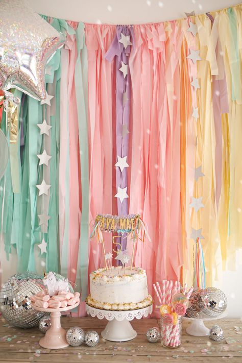 Plastic Streamer Backdrop, Confetti Bday Party, Disco Balls Birthday Party, Disco 3rd Birthday, Cake Party Decorations, Disco Unicorn Party, Fairy Disco Party, Rainbow Disco Birthday Party, One Is Fun Birthday Party Girl