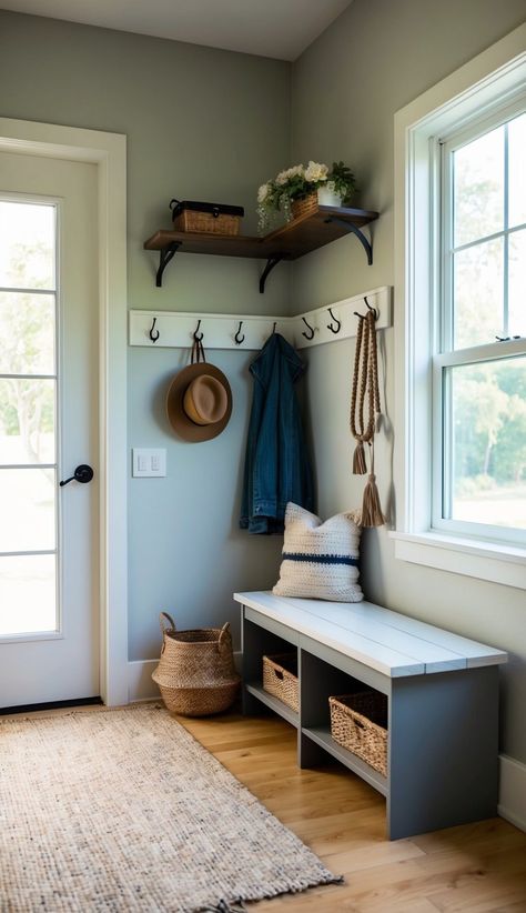 Back Mudroom Ideas, Mudroom In Entryway, Entryway Nook Ideas Small Spaces, Renter Friendly Mudroom, Small Space Mudroom Ideas Entry Ways, Kids Mudroom Organization, Small House Entryway, Tiny Mudroom Ideas, Corner Mudroom Ideas