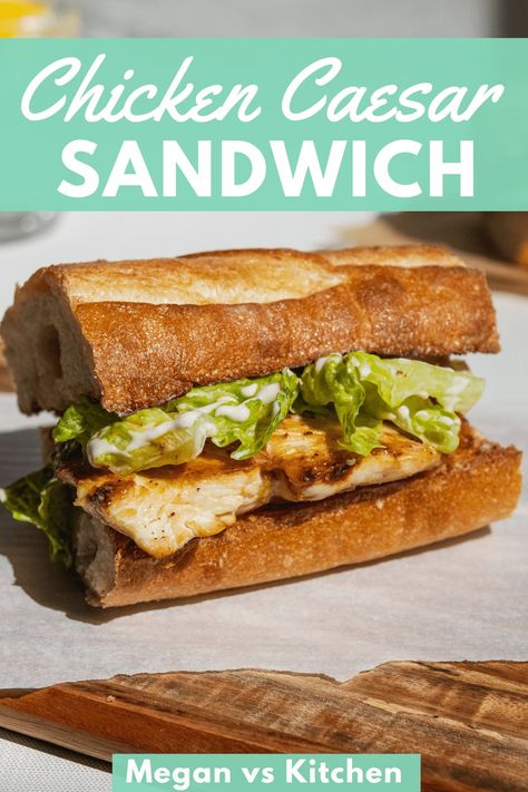 Turn a Caesar Chicken Salad into a dinner sandwich. The toasted bread is reminisces of garlicy and cheese croutons, the chicken breast is easy to make and juicy, and the Caesar salad comes together in a pinch. Grilled Chicken Caesar Sandwich, Cesar Salad Sandwich, Chicken Caesar Sandwich Recipes, Chicken Ceaser Sandwich, Chicken Caesar Salad Sandwiches, Caesar Salad Sandwich, Caesar Sandwich, Panera Autumn Squash Soup, Chicken Caesar Sandwich