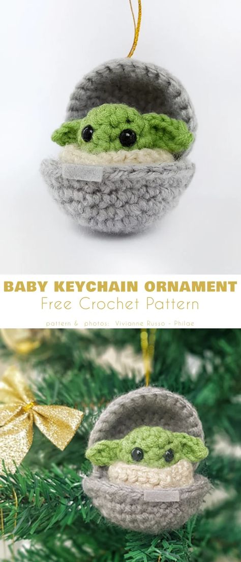 Baby Yoda and Space Pod Free Crochet Patterns Star Wars Christmas Ornaments, Star Wars Crochet, Crochet Christmas Ornaments Free, Crochet Ornament Patterns, Diy Star, Crochet Xmas, Crochet Ornaments, Crochet Amigurumi Free, Holiday Crochet