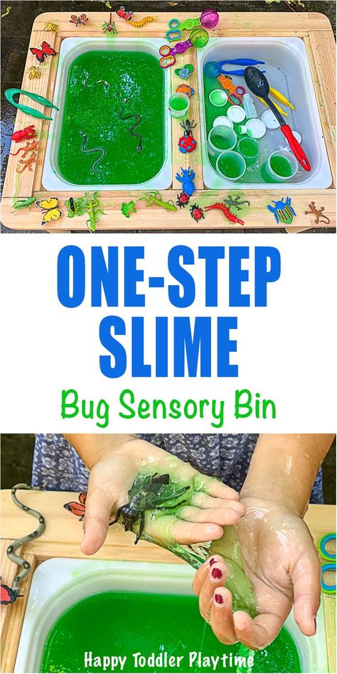 One-Step Slime Sensory Bin - HAPPY TODDLER PLAYTIME Create a super fun bug slime sensory bin using only one ingredient Green Slime Baff! Its an easy way to make slime for your little one. #sponsored #slime #sensorybin #kidsactivity Bugs And Insects Sensory Bin, Creepy Crawlers Activities, Insects Sensory Play, Worm Sensory Bin, Bugs Kindergarten Activities, Super Worm Activities Eyfs, Slime Sensory Bin, Green Sensory Bin, Easy Way To Make Slime