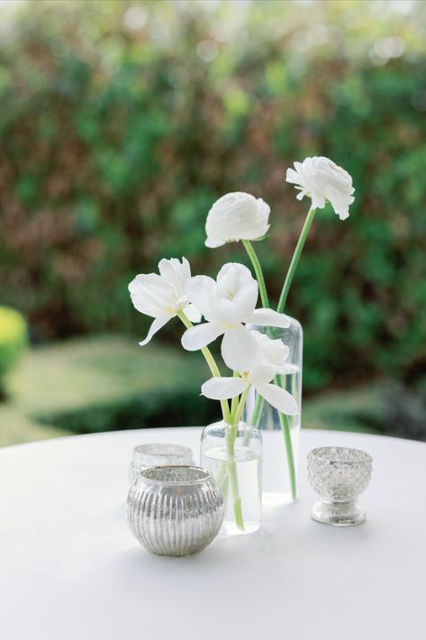 White Single Variety Floral Bud Vases White Ranunculus Bud Vase, Single Flower Bud Vase, Bud Vases Cocktail Table, Cocktail Table Bud Vase, Modern White Wedding Flowers, White Flowers In Bud Vases, Bud Vases White Flowers, White Floral Bud Vases, White Flower Bud Vases