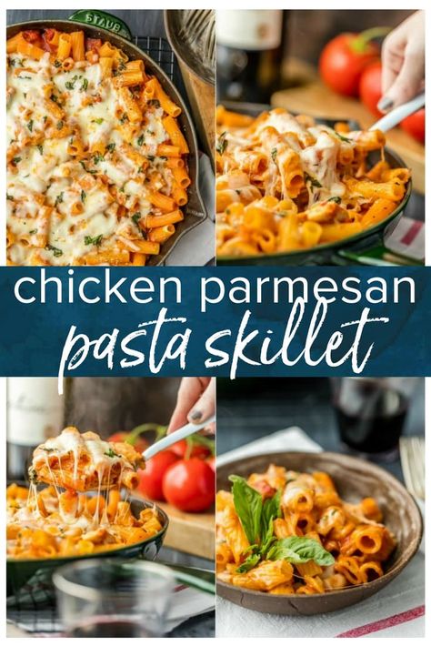 Chicken Parmesan Pasta Recipe uses only 6 ingredients and made in ONE PAN! This is our go-to easy dinner recipe anytime we are craving comfort food. A delicious chicken and pasta recipe everyone in the family will love! Skillet Chicken Parmesan for the win! #thecookierookie #chicken #pasta #onepanmeal Chicken Parmesan Pasta Recipe, Skillet Chicken Parmesan, Pasta Skillet, Chicken And Pasta, Skillet Pasta, Chicken Parmesan Pasta, Chicken Skillet Recipes, Parmesan Pasta, Easy Dinner Recipe