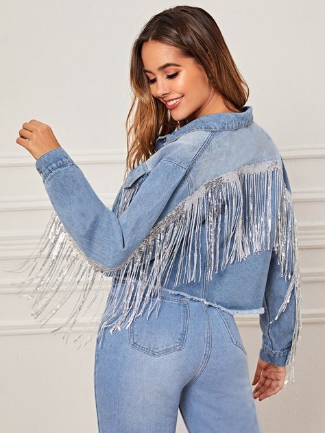 Contrast Sequin Fringe Detail Raw Hem Denim Jacket | SHEIN USA Fringe Denim Jacket, Autumn Fabric, Fringe Jeans, Trendy Jackets, Denim Trucker Jacket, Denim Material, Cropped Denim Jacket, Denim Details, Denim Jacket Women