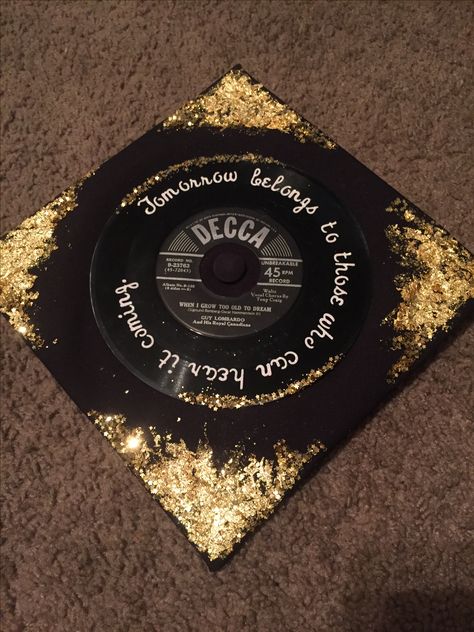 David Bowie graduation cap with old 45 Art History Graduation Cap, David Bowie Graduation Cap, Rock Graduation Cap, Elton John Graduation Cap, Music Graduation Cap Ideas, Graduation Cap Song Lyrics, Beatles Graduation Cap, Fleetwood Mac Graduation Cap, Graduation Cap Designs Song Lyrics