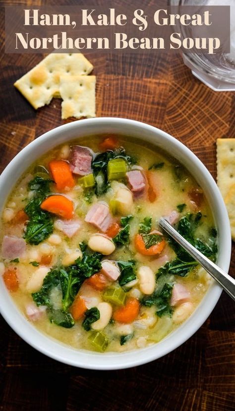 Ham Bean Kale Soup Recipes, Ham Kale Soup, Ham And Kale Soup, Great Northern Bean Soup, Hock Recipes, Northern Bean Soup, Kale And White Bean Soup, Ham Hocks And Beans, Kale And White Bean