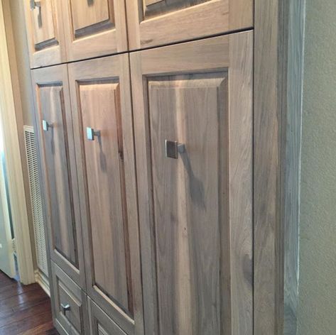 DIY Weathered Hickory Cabinets Stained Hickory Kitchen Cabinets, Stained Hickory Cabinets, Stained Hickory, Cabnits Kitchen, Cabinet Stain Colors, Stained Cabinets, Hickory Kitchen Cabinets, Hickory Kitchen, Farmhouse Makeover