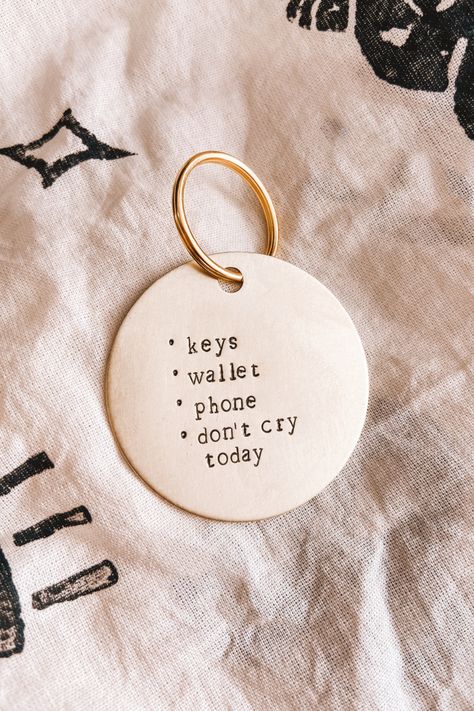 this keytag says Keys, Wallet, Phone, Don't Cry today. Tags are 2” wide and make for a good bag tag, keychain or mirror hanger. Phone Keychain Phrases, Funny Car Keychains, Funny Key Chain Sayings, Never Lost Keychain, Funny Keychains Hilarious, Funny Keychain, Mirror Hangers, Key Wallet, Dont Cry