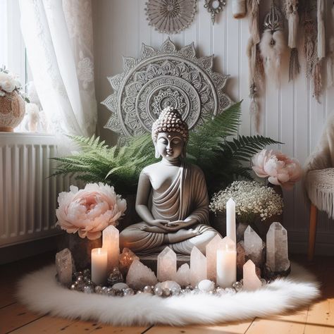 Buddha Altar Ideas, Magical Bedroom, Spiritual Room, Buddha Home Decor, Meditation Room Decor, Healing Room, Meditation Corner, Courtyard Gardens Design, Zen Room