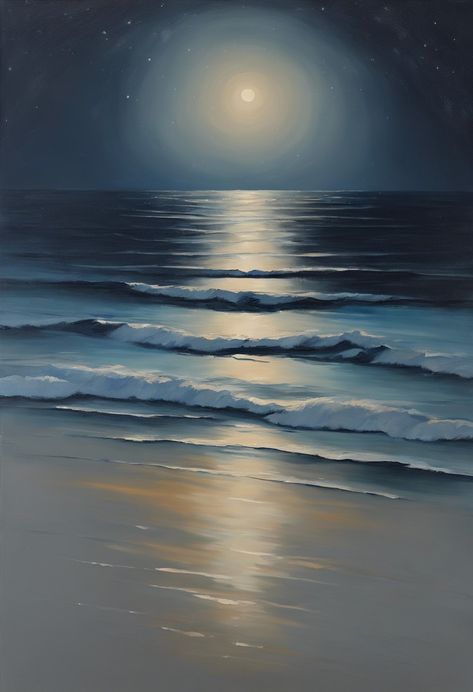 Night Sky Ocean Check more at https://qomart.com/night-sky-ocean/ Night Sky Ocean, Beach Oil Painting, Ocean At Night, Black Ocean, Beach At Night, Beach Night, Ocean Sky, Art Sea, Wall Paintings