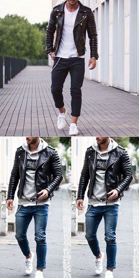 Leather Jacket Outfit Men, Outfit Hombre, Men's Fashion Casual, Athleisure Men, Mens Casual Outfits Summer, Clothes Tops, Mens Fashion Smart, Trendy Jackets, Mens Casual Dress Outfits