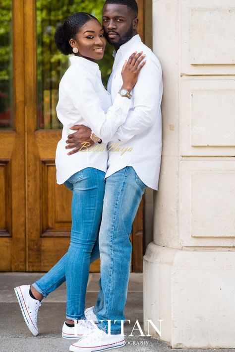 Couple Tracksuits Photoshoot, Denim And White Shirt Outfit, Outfit For Couples Photoshoot, Nigerian Pre Wedding Photoshoot, White Shirt Blue Jeans Couple Photoshoot, Outfits For Couples Photoshoot, Couple Outfit Photoshoot, Denim Couple Photoshoot, Pre Wedding Outfit Ideas