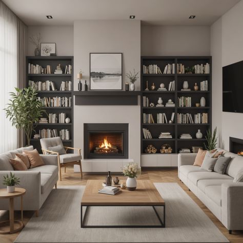 “A modern cozy living room with a fireplace and bookshelf” Fireplace Bookshelf, Living Room With A Fireplace, Modern Cozy Living Room, Cozy Living Rooms, Cozy Living, Modern Living Room, Bookshelves, Bookcase, Fireplace